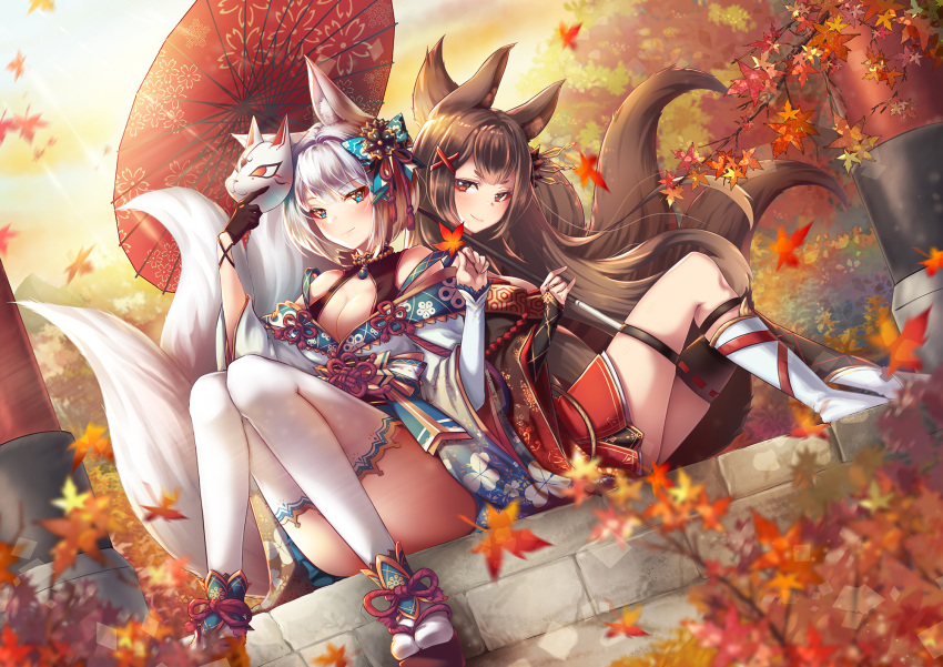 2girls akagi_(azur_lane) animal_ears anthropomorphism autumn azur_lane blush brown_hair foxgirl gloves green_eyes japanese_clothes kaga_(azur_lane) leaves long_hair mask multiple_tails red_eyes short_hair ssosso tail thighhighs umbrella white_hair