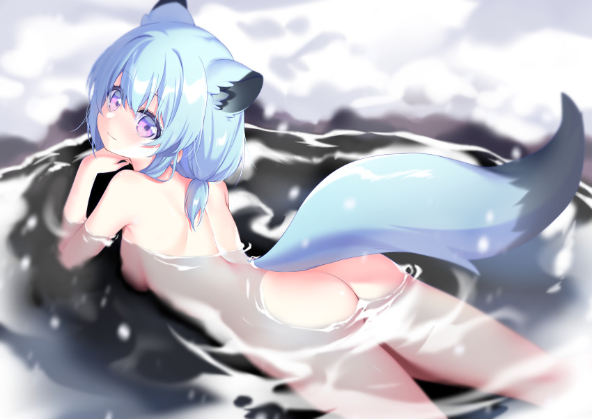 1girl absurdres animal_ears ass back blue_archive blue_hair blurry blush breasts closed_mouth from_behind hair_between_eyes highres long_hair looking_at_viewer looking_back lying lying_on_water nude on_stomach onsen open_mouth outdoors partially_submerged poppy_(poppykakaka) purple_eyes shigure_(blue_archive) shigure_(hot_spring)_(blue_archive) sideboob sidelocks smile snow solo tail very_long_hair water weasel_ears weasel_girl weasel_tail wet