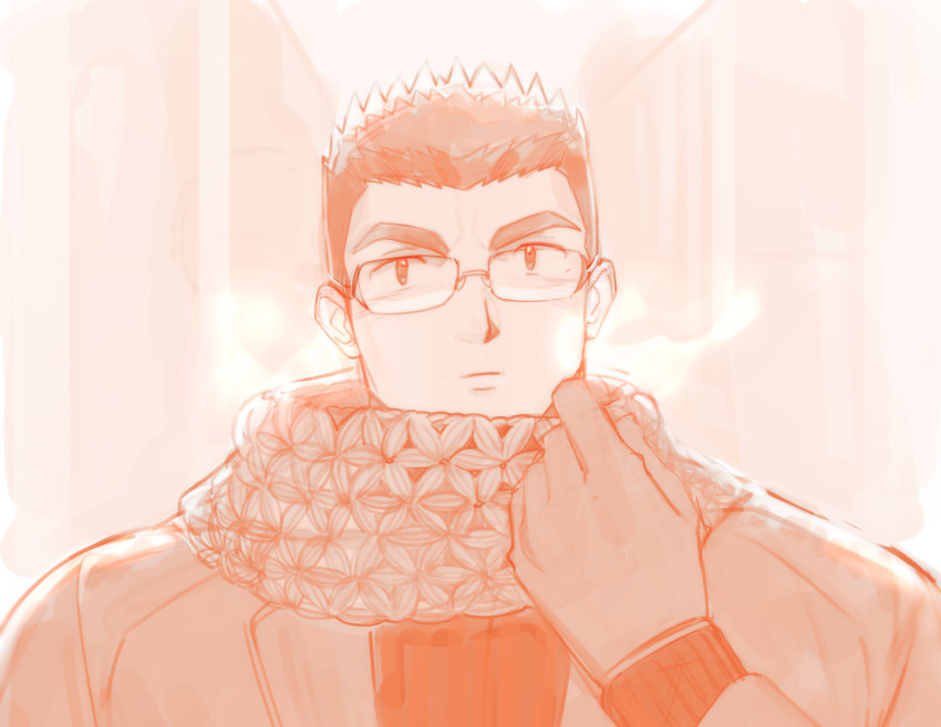 1boy adjusting_scarf alternate_costume bara breath broad_shoulders glasses highres looking_at_viewer male_focus monochrome motoori_shiro orange_theme portrait scarf short_hair solo straight-on thick_eyebrows tokyo_afterschool_summoners tyou winter