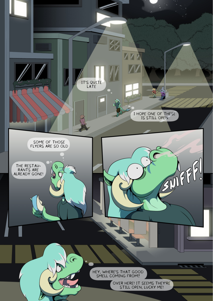 anthro bottomwear building chikiot chikiota city clothed clothing comic detailed_background dialogue digital_media_(artwork) dragon english_text hair hi_res horn male night open_mouth outside pants pupils scalie shirt shorts small_pupils smile sniffing solo street street_lamp teeth text tongue topwear