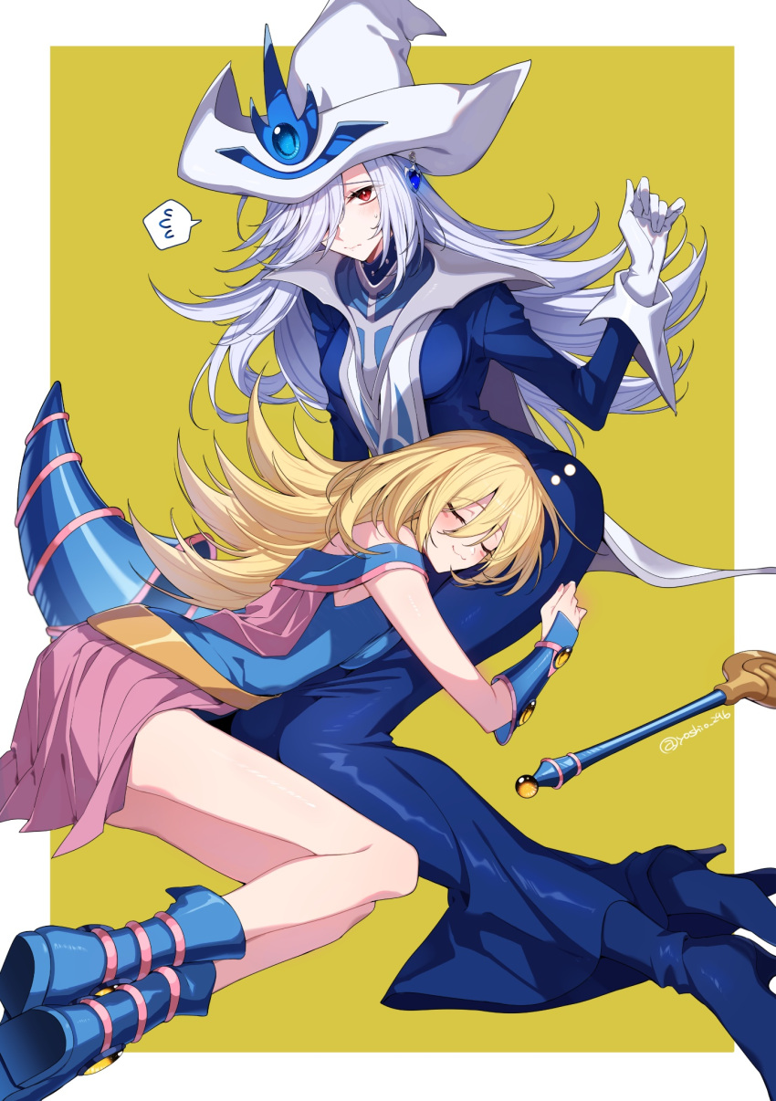 2girls bare_shoulders blonde_hair blush breast_press breasts closed_eyes dark_magician_girl dress duel_monster hat highres lap_pillow long_hair lying_on_person medium_breasts multiple_girls silent_magician skirt sleeping sleeping_on_person spoken_sweatdrop sweatdrop wand wizard_hat yoshio_296 yu-gi-oh! yu-gi-oh!_duel_monsters