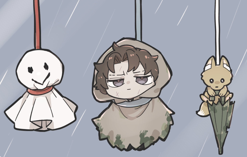 1boy animal_ear_fluff blue_background brown_hair chibi commentary_request drifting_fox e.g.o_(project_moon) fox hanging heathcliff_(project_moon) highres kojocho05 limbus_company project_moon purple_eyes rain raincoat scar scar_on_face short_hair simple_background string teruterubouzu umbrella