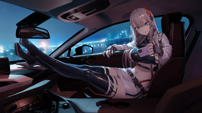 1girl absurdres belt blonde_hair blue_eyes boots breasts car_interior cellphone crop_top crossed_ankles fingerless_gloves gloves hair_ornament high_heel_boots high_heels highres jacket large_breasts long_hair looking_at_viewer navel night open_clothes open_jacket original phone shiny_clothes skirt smartphone solo thigh_boots two-tone_gloves xzu