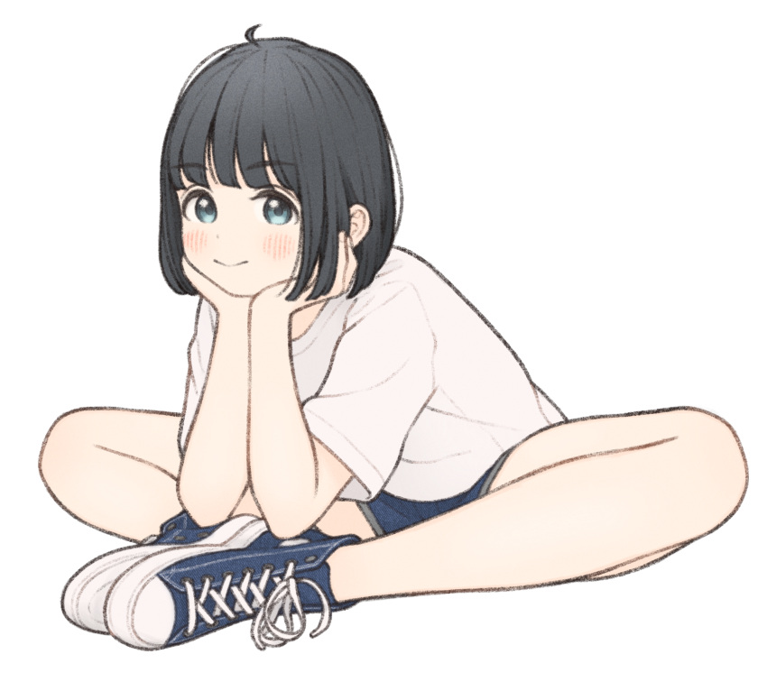 1girl 1ssakawaguchi black_eyes black_hair blue_footwear blue_shorts blunt_bangs blush bob_cut butterfly_sitting closed_mouth cross-laced_footwear denim denim_shorts dot_nose full_body head_rest highres ichika_(1ssakawaguchi) looking_at_viewer no_socks original shirt shoes short_hair short_shorts short_sleeves shorts simple_background sitting smile sneakers solo t-shirt white_background white_shirt