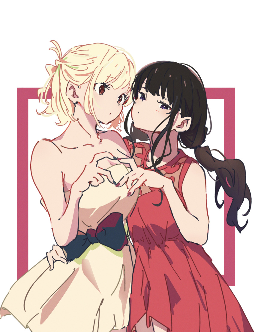 2girls absurdres atenaba bare_shoulders black_bow black_eyes black_hair black_nails blonde_hair bow breasts brown_eyes closed_mouth collarbone commentary dot_mouth dress hand_on_another's_hip heart heart_hands heart_hands_duo highres inoue_takina large_breasts long_hair low_twintails lycoris_recoil multiple_girls nail_polish nishikigi_chisato red_dress red_nails short_dress short_hair sleeveless sleeveless_dress strapless strapless_dress twintails white_background white_dress yuri