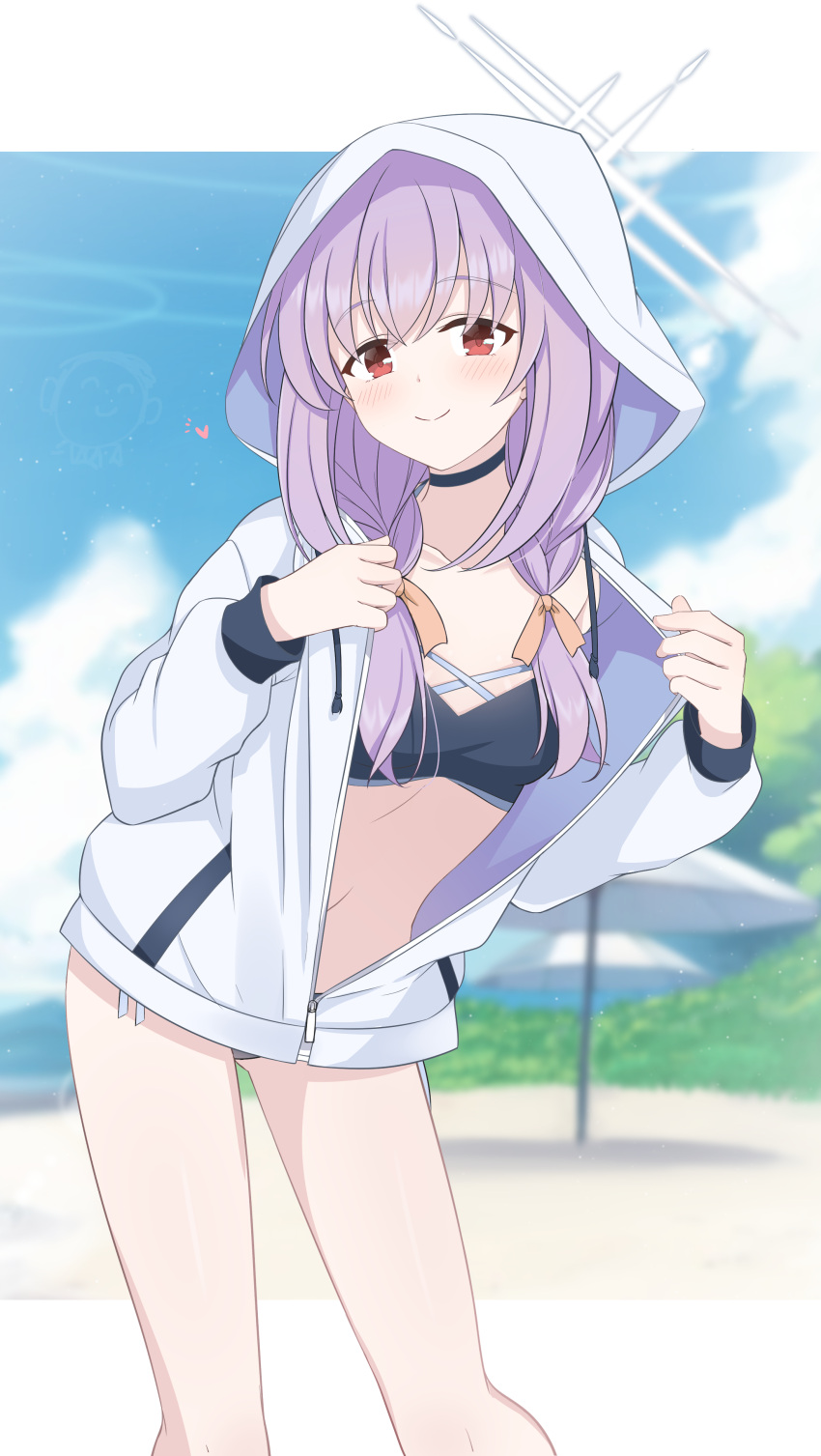 1girl absurdres atsuko_(blue_archive) bikini black_bikini black_choker blue_archive blush braid choker closed_mouth grey_halo hair_between_eyes hair_ribbon halo highres hood hood_up hooded_jacket hoshino_ouka jacket long_hair long_sleeves orange_ribbon purple_hair red_eyes ribbon smile solo swimsuit twin_braids white_jacket