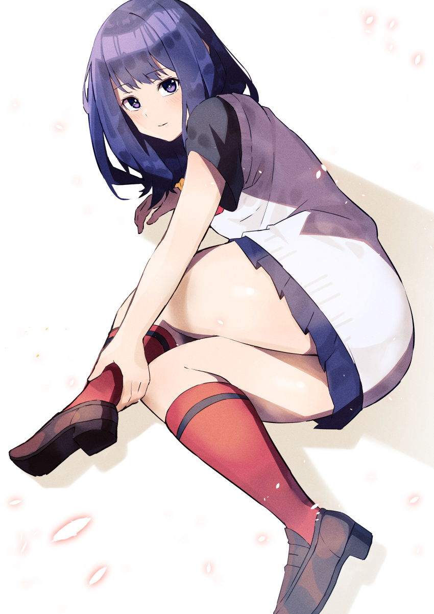 1girl absurdres ass black_hair black_skirt blue_eyes blush bow bowtie breasts cardigan cruzango0510 gridman_universe gridman_universe_(film) highres kneehighs legs long_hair long_sleeves looking_at_viewer red_bow red_socks school_uniform shirt simple_background skirt socks solo takarada_rikka thighs white_background