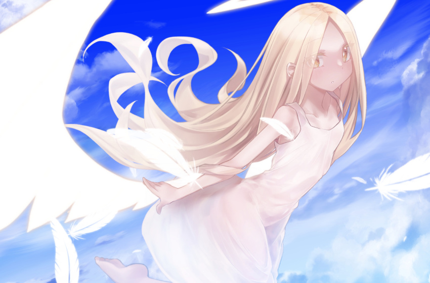 1girl absurdres angel_notes angel_wings bare_shoulders blonde_hair blue_sky blush breasts dress forehead halo highres long_hair looking_at_viewer parted_bangs sky small_breasts solo type-moon v/v white_dress wings yellow_eyes yubeshi_(zecxl)