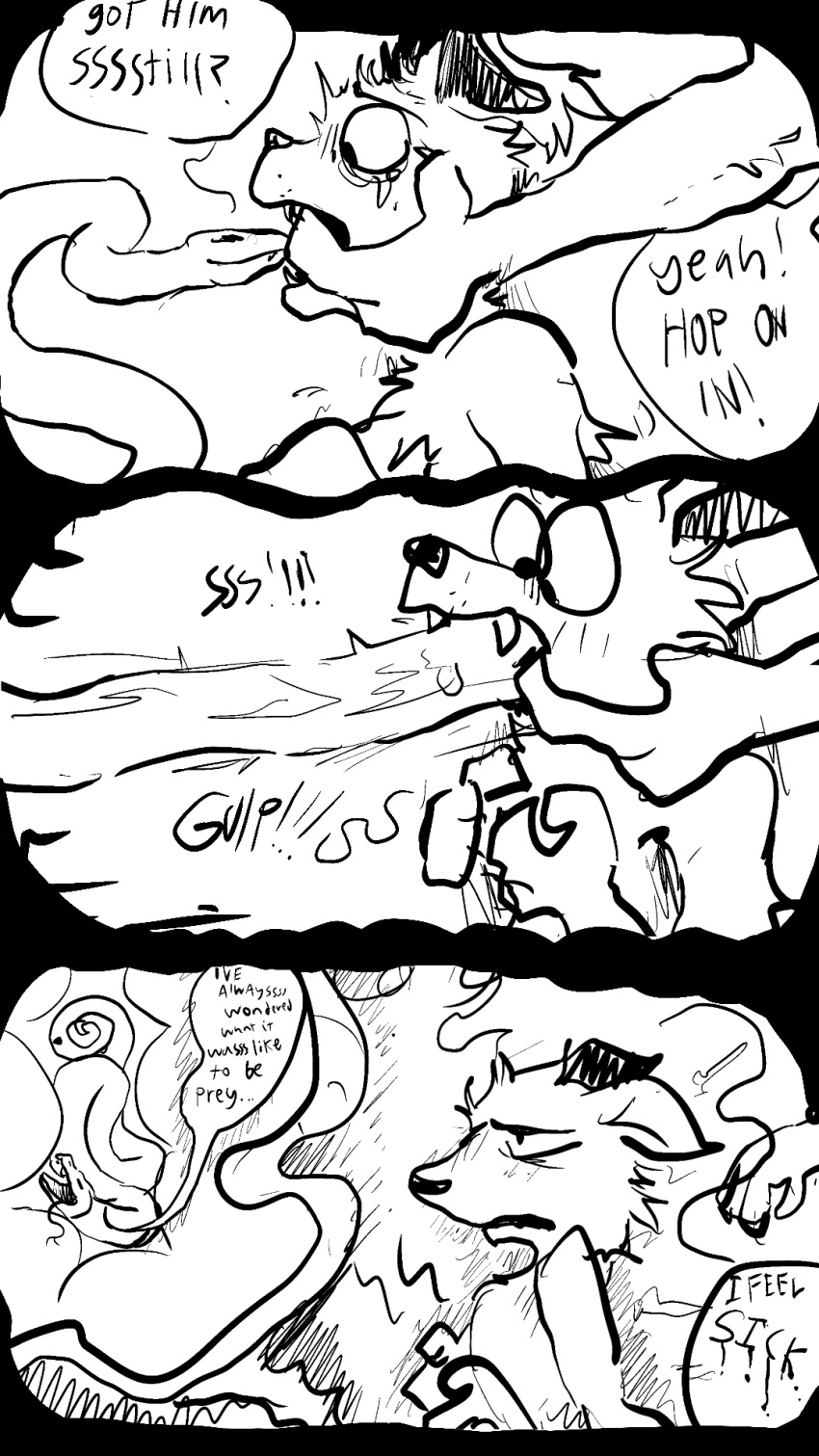 ambiguous/ambiguous ambiguous_gender anthro blush bodily_fluids canid canine canis comic deep_throat domestic_dog dominant_prey feral forced forced_vore group hi_res mammal monochrome nausea oral organs questionable_consent ratslut reptile restrained role_reversal scalie snake soft_vore stomach tears trio vore