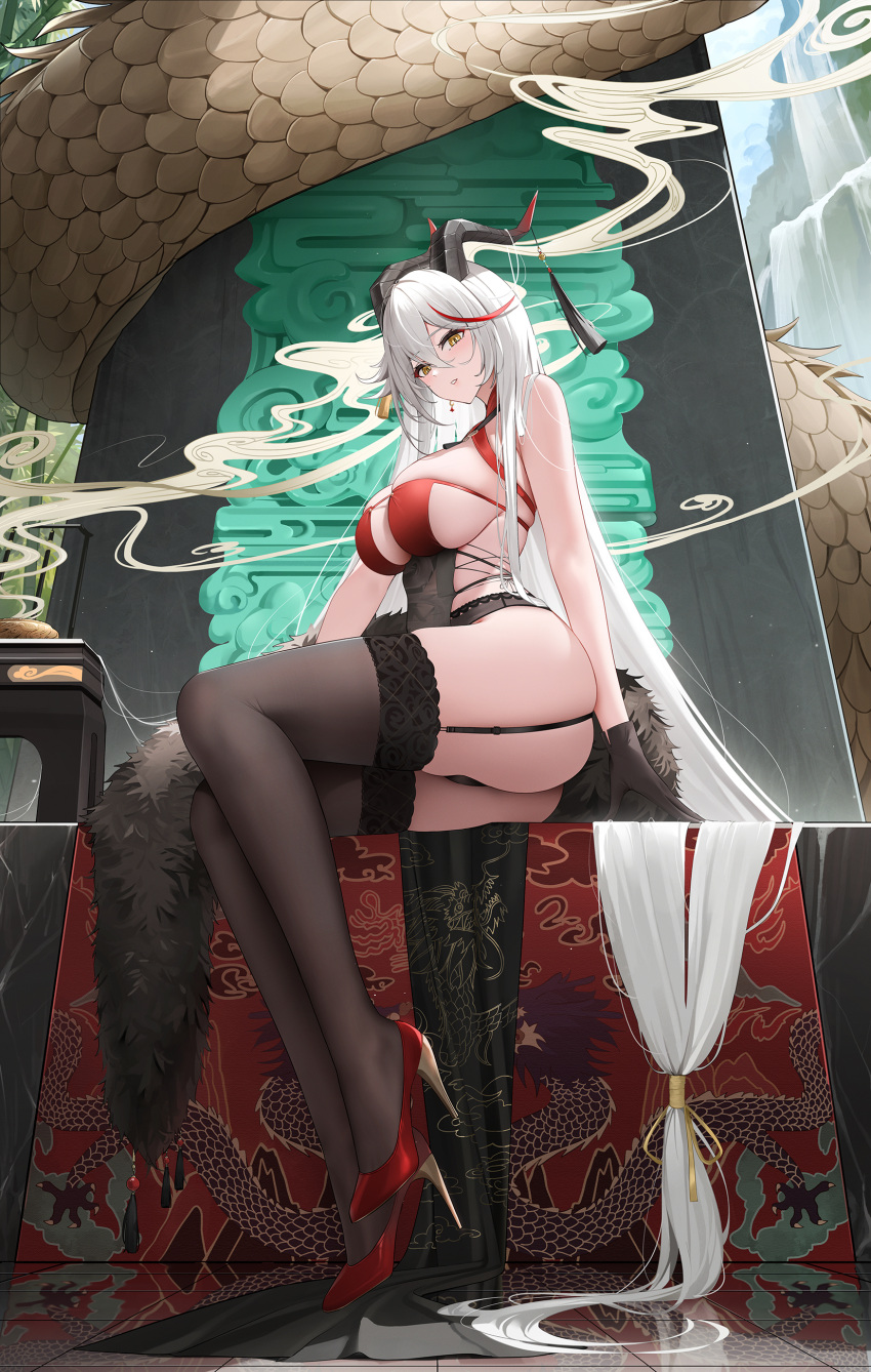 1girl absurdly_long_hair absurdres aegir_(azur_lane) aegir_(golden_dragon_among_auspicious_clouds)_(azur_lane) ass azur_lane bare_shoulders black_garter_straps black_gloves black_horns black_thighhighs breasts criss-cross_halter dragon eastern_dragon framed_breasts full_body garter_straps gloves hair_on_horn halterneck high_heels highres horn_ornament horns incense lace-trimmed_thighhighs large_breasts long_hair looking_at_viewer multicolored_hair official_alternate_costume qing_wu red_footwear red_hair shoes sitting skindentation solo stiletto_heels streaked_hair thighhighs thong two-tone_hair underwear very_long_hair white_hair yellow_eyes