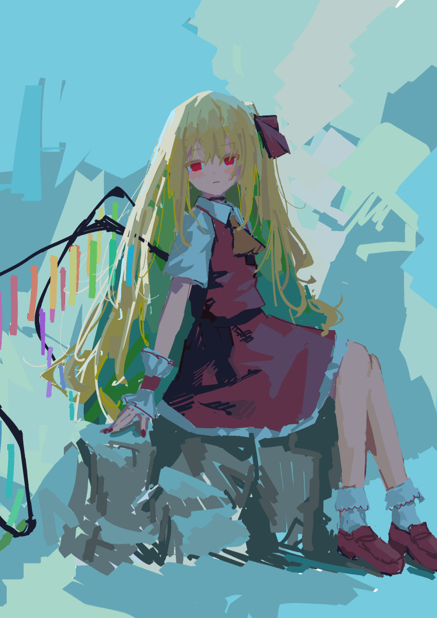 1girl alternate_hairstyle arm_support ascot backlighting blonde_hair blue_background blush bobby_socks bow collared_shirt crystal_wings expressionless flandre_scarlet frilled_wrist_cuffs from_side full_body hair_bow highres knees_together_feet_apart long_hair looking_at_viewer looking_to_the_side no_lineart no_pupils red_bow red_eyes red_footwear red_nails red_skirt red_vest reddizen shirt short_sleeves sitting skirt socks touhou very_long_hair vest white_shirt white_socks yellow_ascot