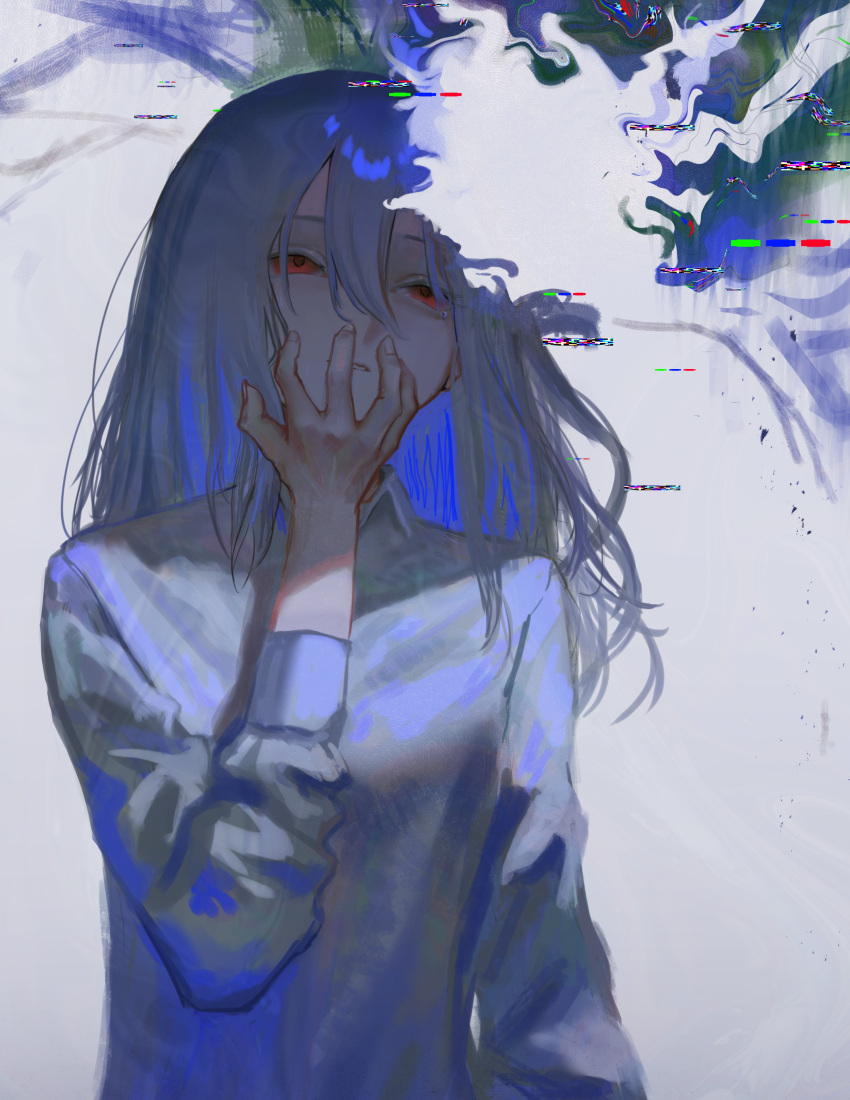 1girl abstract absurdres blue_hair breasts collared_shirt colored_inner_hair expressionless glitch hand_on_own_face highres kyano_(kyanora3141) medium_hair multicolored_hair original red_eyes shirt single_tear small_breasts solo upper_body white_shirt