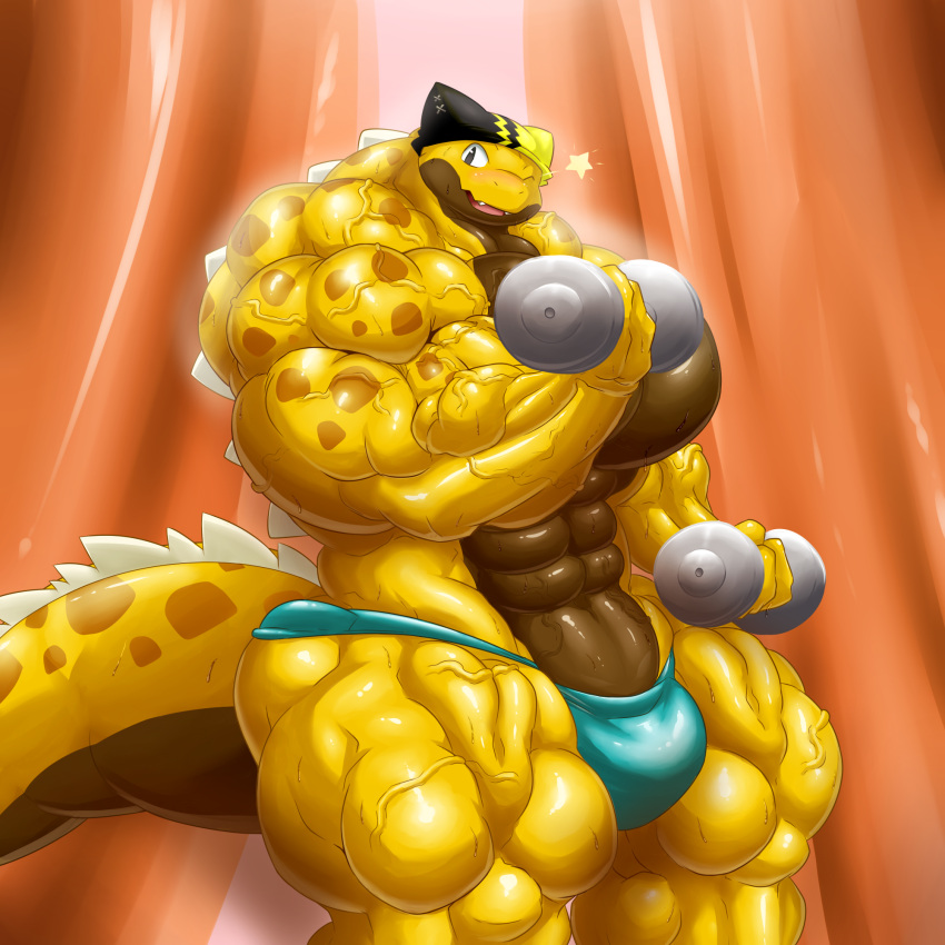anthro big_muscles big_tail black_clothing blue_clothing brown_body brown_countershading clothing countershading dumbbell exercise glutes grey_eyes hi_res horned_lizard_(disambiguation) huge_muscles huge_tail hyper hyper_abs hyper_biceps hyper_deltoids hyper_muscles hyper_pecs hyper_quads hyper_tail hyper_trapezius hyper_triceps kiltio_(kuroma) leg_muscles lizard male manly modca muscular one_eye_closed quads reptile scalie simple_background solo spikes spots spotted_body star swimming_cap tail trapezius weightlifting weights wink workout yellow_body yellow_clothing zig_zag