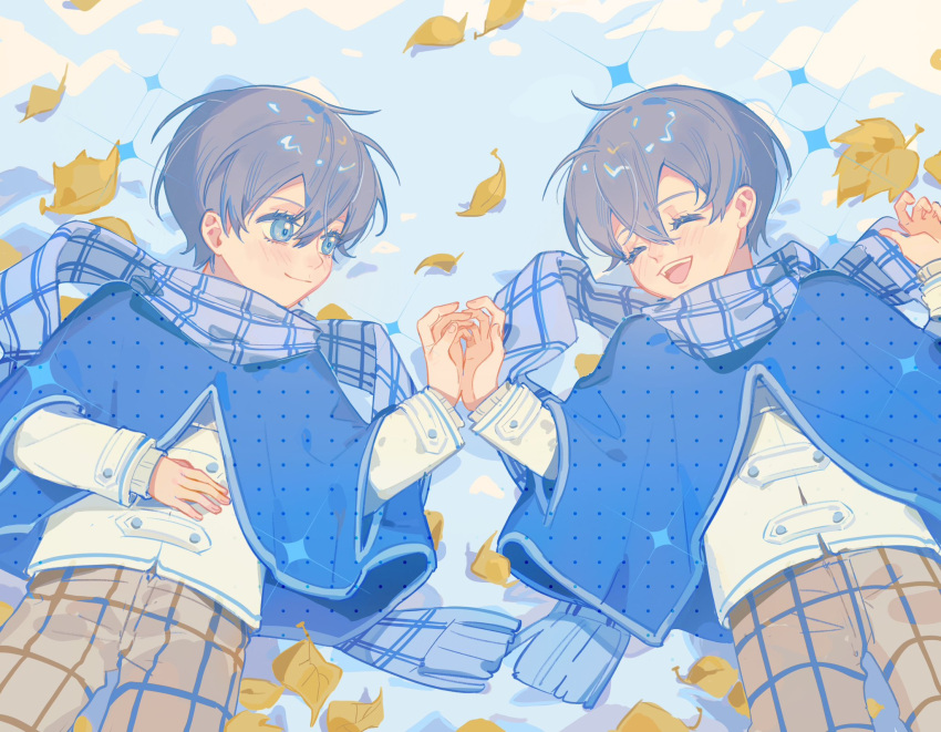 2boys ^_^ autumn_leaves blue_cloak blue_eyes blue_scarf blush_stickers brown_pants buttons ciel_phantomhive cloak clone closed_eyes closed_mouth colored_eyelashes commentary english_commentary fingernails grey_hair hand_on_hand hand_on_own_stomach highres kuroshitsuji layered_sleeves long_sleeves looking_at_another lying male_focus multiple_boys on_back open_mouth outdoors pants plaid plaid_pants plaid_scarf polka_dot polka_dot_cloak poncho scarf shirt siblings smile snow sparkle spoilers teeth textless_version twins upper_teeth_only white_shirt white_sleeves yeshisi