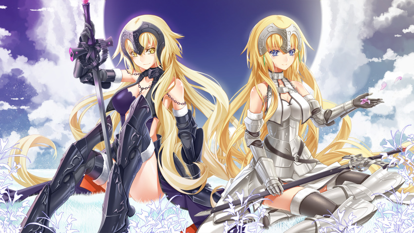 armor blonde_hair blue_eyes cherry_blossoms clouds cross_akiha fate/grand_order fate_(series) flowers jeanne_d'arc_(fate) jeanne_d'arc_alter long_hair sky sword thighhighs weapon yellow_eyes