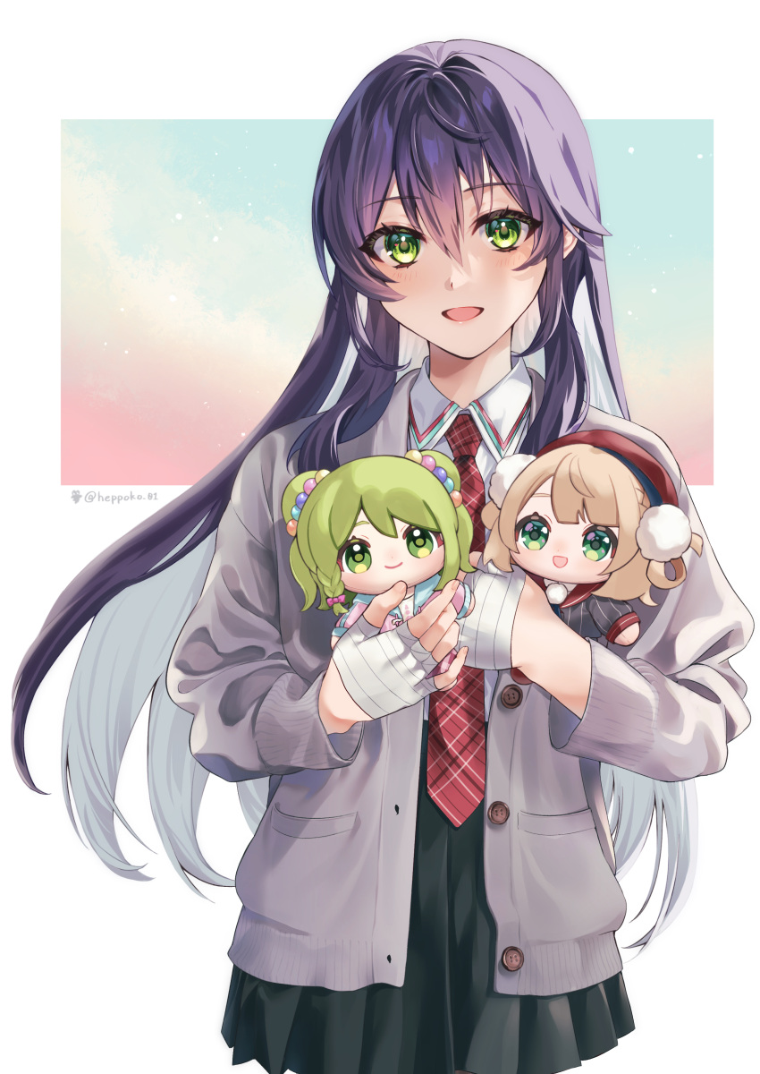 1girl :d absurdres bandaged_hand bandages black_skirt cardigan character_doll collared_shirt genderswap genderswap_(mtf) green_eyes green_hair grey_cardigan hair_between_eyes highres indie_virtual_youtuber kenmochi_touko light_brown_hair long_hair long_sleeves morinaka_kazaki necktie nijisanji open_cardigan open_clothes plaid_necktie pleated_skirt puffy_long_sleeves puffy_sleeves purple_hair red_necktie school_uniform shigure_ui_(vtuber) shirt skirt smile solo tsumetsume_zerii twitter_username very_long_hair virtual_youtuber white_shirt