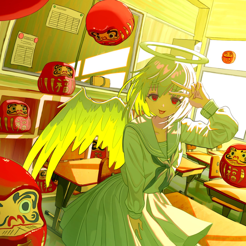 1girl angel angel_wings chair chalkboard classroom cowboy_shot cropped daruma_doll day desk dutch_angle feathered_wings halo hand_up highres indoors kagenoyuhi long_sleeves looking_at_viewer neckerchief original pleated_skirt red_eyes sailor_collar sailor_shirt school_chair school_desk school_uniform serafuku shirt short_hair skirt smile solo standing tongue tongue_out v wings