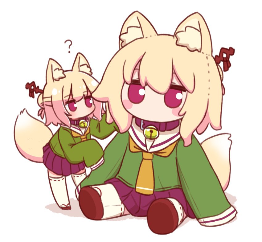 1girl ? animal_ear_fluff animal_ears bell belt_collar blonde_hair blush blush_stickers character_doll collar commentary_request doqute_stuffed_doll fox_ears fox_girl fox_tail green_shirt hair_bun hair_ornament hairpin highres jingle_bell kemomimi-chan_(naga_u) long_sleeves miniskirt naga_u neck_bell necktie no_mouth original oversized_object pleated_skirt purple_collar purple_skirt red_eyes ribbon-trimmed_legwear ribbon-trimmed_thighhighs ribbon_trim sailor_collar sailor_shirt shirt short_hair simple_background skirt sleeves_past_fingers sleeves_past_wrists standing stuffed_animal stuffed_toy tail thighhighs white_background white_sailor_collar white_thighhighs yellow_necktie