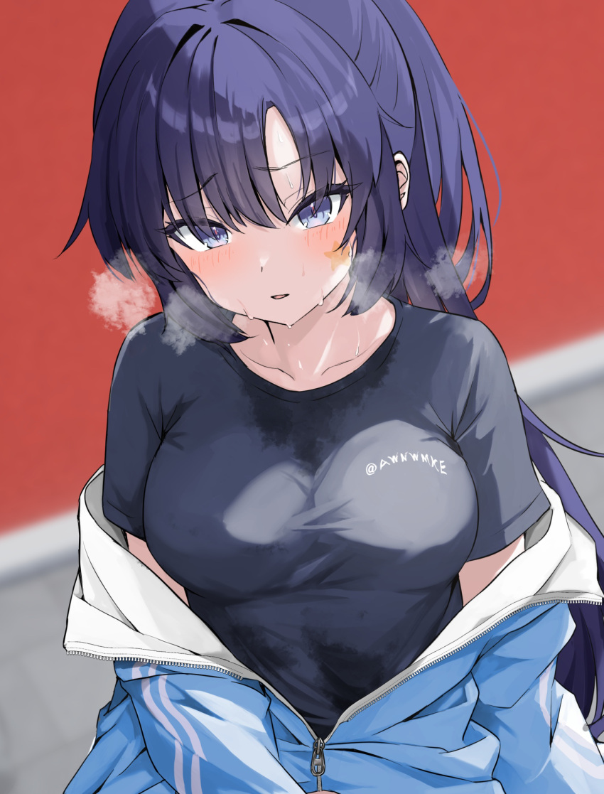 1girl awnw black_shirt blue_archive blue_jacket blurry blurry_background blush breasts collarbone highres jacket long_hair looking_at_viewer medium_breasts official_alternate_costume official_alternate_hairstyle open_mouth partially_unzipped ponytail purple_eyes purple_hair shirt short_sleeves solo star_(symbol) sweat track_jacket twitter_username yuuka_(blue_archive) yuuka_(track)_(blue_archive)