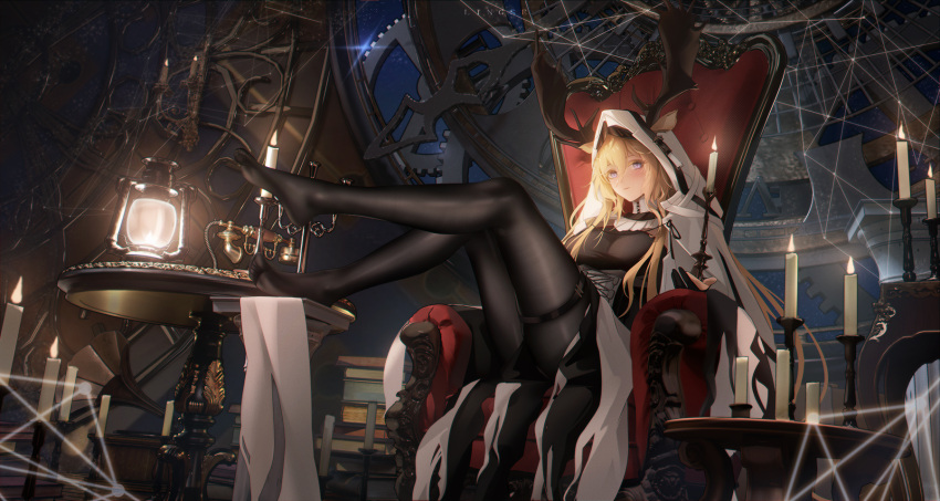 1girl animal_ears antlers antlers_through_hood arknights black_pantyhose blonde_hair blue_eyes blush book book_stack breasts candle candlestand cape chair deer_antlers deer_ears deer_girl ears_through_hood fire hair_between_eyes highres hood hood_up hooded_cape indoors lantern large_breasts legs legs_up ling_dianxia long_hair looking_at_viewer night no_shoes pantyhose sitting sky solo table thighs viviana_(arknights) white_cape