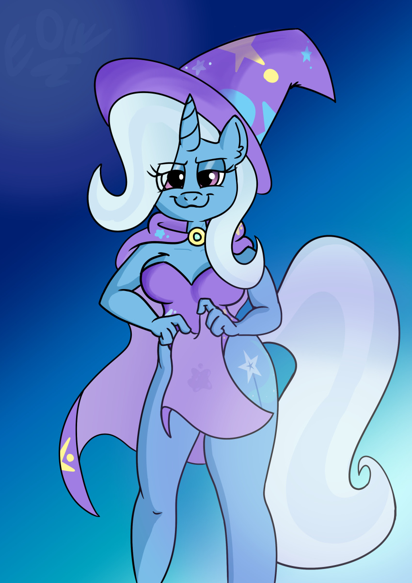 absurd_res anthro anthrofied biped blue_body blue_hair breasts clothed clothing eow equid equine eyelashes female friendship_is_magic hair hasbro hat headgear headwear hi_res horn looking_at_viewer mammal my_little_pony pupils smile trixie_(mlp) unicorn