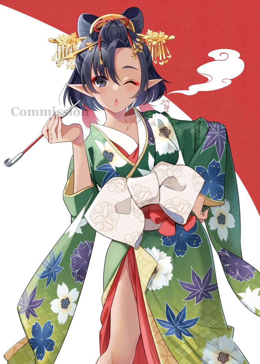 1girl black_eyes black_hair bow bow-shaped_hair collarbone commission copyright_request dark-skinned_female dark_skin floral_print green_kimono hair_between_eyes hair_bun hair_ornament hair_stick hand_on_own_hip highres holding holding_smoking_pipe japanese_clothes kimono kiseru long_sleeves looking_at_viewer nekozuki_yuki obi one_eye_closed parted_bangs parted_lips pointy_ears print_kimono red_background sash skeb_commission smoke smoking_pipe solo thick_eyebrows two-tone_background watermark white_background white_bow wide_sleeves