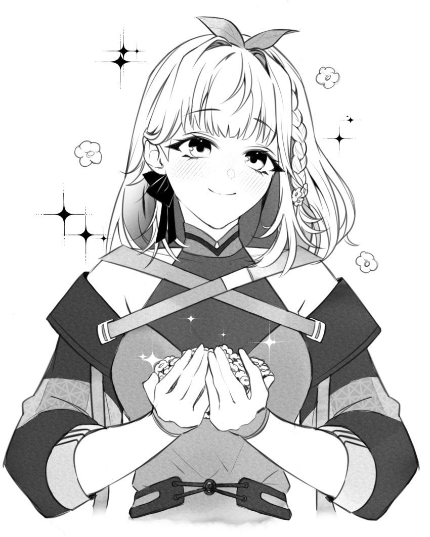 1girl blush braid closed_mouth commission dress flower greyscale hair_flower hair_ornament hair_ribbon highres holding holding_flower hopetokki indie_virtual_youtuber medium_hair monochrome ribbon smile solo soyapoya_(vtuber) sparkle strap upper_body vgen_commission virtual_youtuber