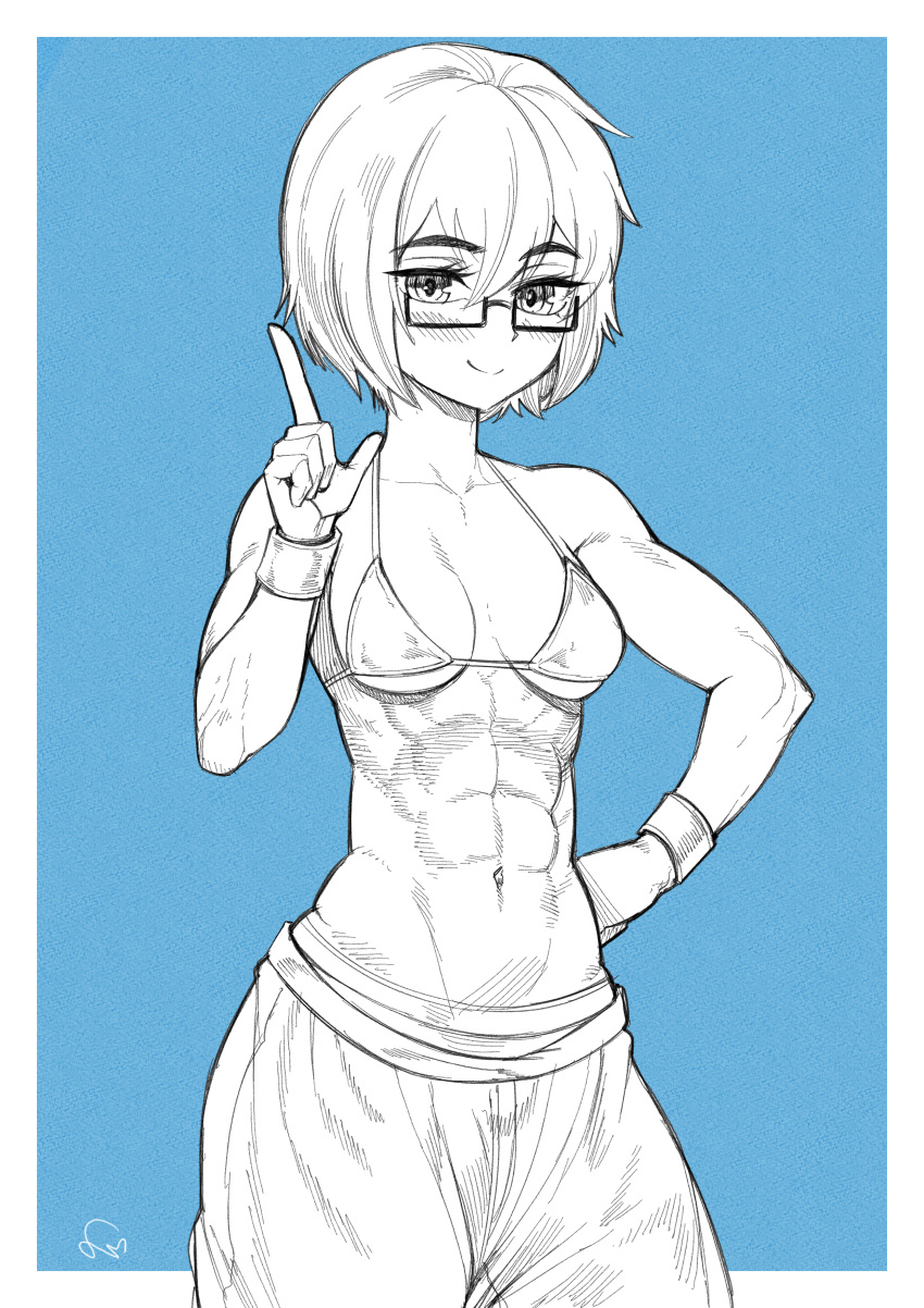 1girl abs absurdres bikini bikini_top_only blue_background blush breasts closed_mouth cowboy_shot greyscale_with_colored_background hair_between_eyes highres medium_breasts muscular muscular_female navel original rectangular_eyewear short_hair smile solo speedl00ver swimsuit