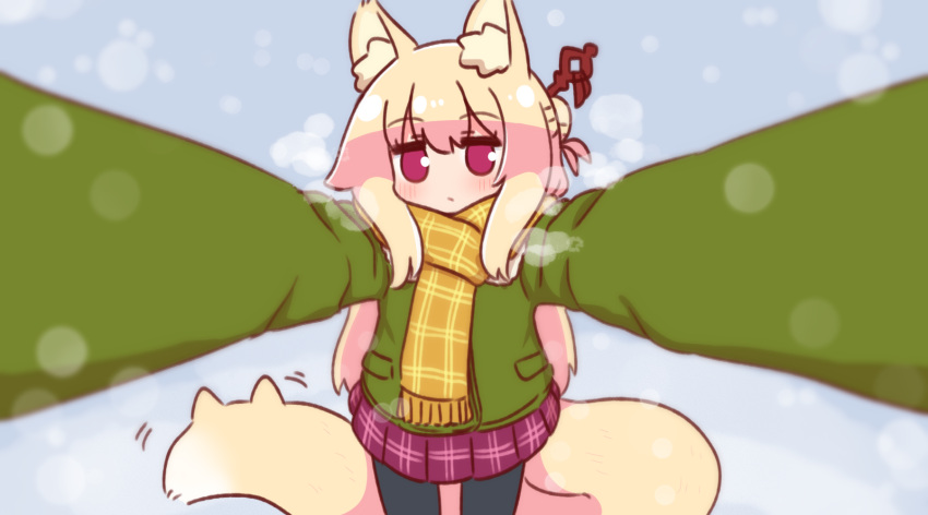 1girl animal_ear_fluff animal_ears black_pantyhose blonde_hair blue_background blush breath brown_scarf closed_mouth commentary_request fox_ears fox_girl fox_tail fringe_trim green_jacket hair_between_eyes hair_bun hair_ornament hair_stick highres jacket kemomimi-chan_(naga_u) long_arms looking_at_viewer meme motion_lines naga_u original outstretched_arms pantyhose plaid plaid_scarf plaid_skirt pleated_skirt pov_cheek_warming_(meme) purple_eyes purple_skirt reaching reaching_towards_viewer red_eyes scarf sidelocks skirt snowing solo tail
