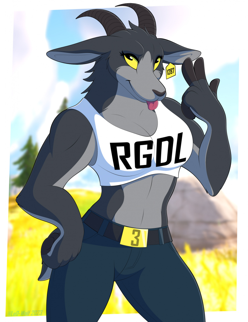 anthro belt bottomwear bovid breasts caprine clothing denim denim_bottomwear denim_clothing ear_tag epic_games eyelashes female fortnite fur goat goat_simulator golden_belt_buckle grey_body grey_fur hi_res horn jeans leo-wolf looking_at_viewer mammal multicolored_body multicolored_fur muscular muscular_female pants peace_symbol pilgor_(goat_simulator) shirt solo tank_top text text_on_clothing tongue topwear tufted_fur two_tone_body two_tone_fur white_clothing white_shirt white_tank_top white_topwear yellow_sclera