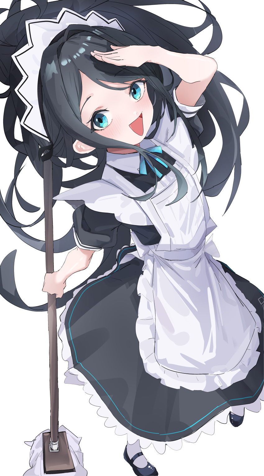 1girl absurdres apron aris_(blue_archive) aris_(maid)_(blue_archive) black_dress black_footwear black_hair black_ribbon blue_archive collared_dress commentary dress full_body green_eyes hand_up highres holding holding_mop litlu long_hair looking_at_viewer looking_up maid_apron maid_headdress mop neck_ribbon official_alternate_costume open_mouth ponytail puffy_short_sleeves puffy_sleeves ribbon short_sleeves simple_background smile solo standing white_apron white_background
