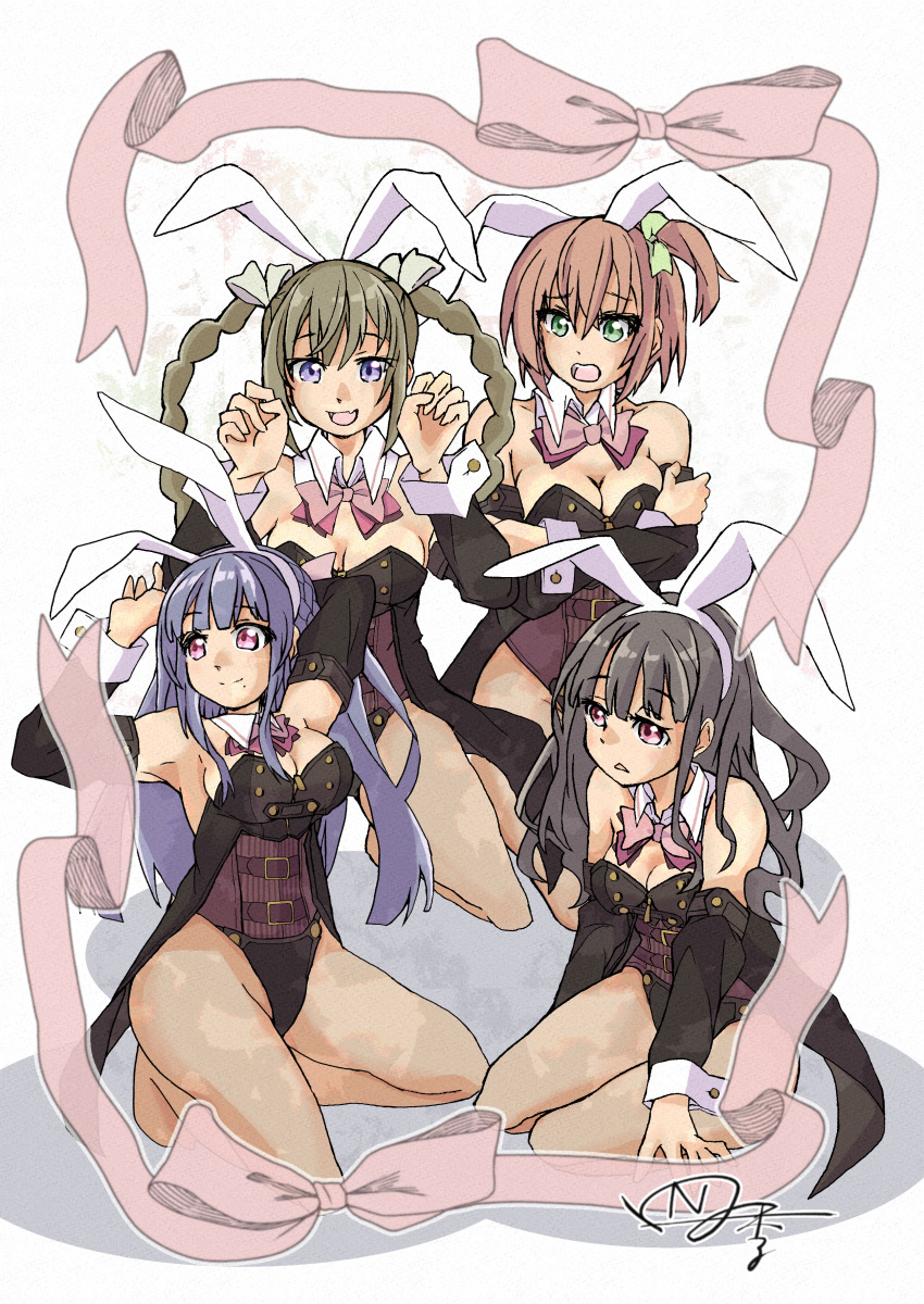 4girls absurdres adapted_costume amamiya_sophia_seren animal_ears arm_behind_head arms_under_breasts arms_up artist_name assault_lily bare_shoulders belt belt_buckle black_hair black_leotard blunt_bangs bow bowtie braid breasts brown_belt brown_hair brown_leotard brown_pantyhose buckle buttons cleavage closed_mouth coattails commentary_request covering_breasts covering_privates detached_collar detached_sleeves fake_animal_ears fang french_braid fukuyama_jeanne_sachie full_body green_bow green_eyes grey_ribbon groin hair_between_eyes hair_bow hair_ribbon hairband hands_up highres kishimoto_lucia_raimu kneeling kuroki_francisca_yuria leotard long_hair long_sleeves looking_ahead looking_at_viewer looking_to_the_side ludvico_private_girls'_academy_school_uniform medium_breasts mole mole_under_mouth multiple_belts multiple_girls naganuki_shiki open_mouth orange_hair pantyhose parted_lips paw_pose pink_bow pink_bowtie pink_eyes pink_ribbon playboy_bunny purple_eyes purple_hair rabbit_ears raised_eyebrows ribbon school_uniform short_hair sidelocks signature sitting smile strapless strapless_leotard twin_braids twintails two-tone_leotard wavy_hair white_background white_hairband yokozuwari