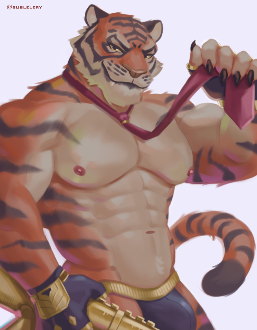 5_fingers abs absurd_res anthro barazoku biceps black_claws bublelery bulge claws clothing dipstick_tail epic_games felid fingers fortnite gun hi_res holding_gun holding_necktie holding_object holding_weapon jockstrap jockstrap_bulge looking_at_viewer male mammal markings muscular muscular_anthro muscular_male necktie oscar_(fortnite) pantherine pecs pink_niplples ranged_weapon shirtless_anthro shirtless_male solo tail tail_markings tiger underwear weapon