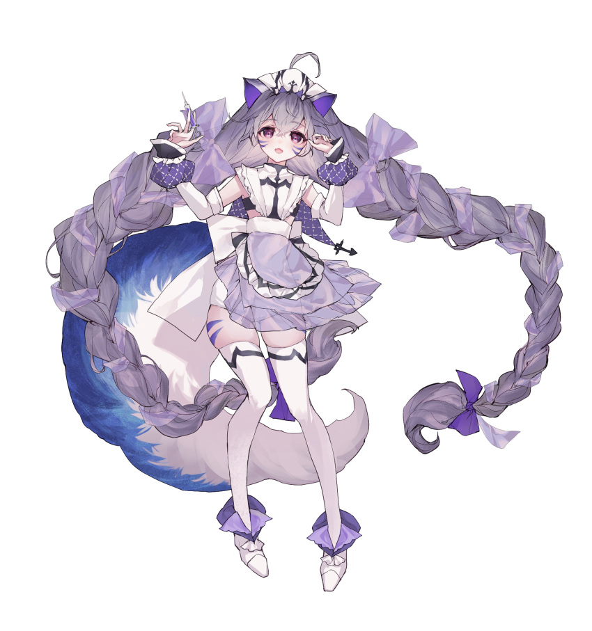 1girl animal_ears breasts brown_dust_2 cat_ears dress elbow_gloves full_body gloves grey_hair hair_ribbon hand_in_own_hair highres ks39410 large_tail long_hair looking_at_viewer open_mouth purple_eyes ribbon rou_(brown_dust) see-through_apron skindentation small_breasts solo tail tattoo thighhighs two-tone_tail very_long_hair white_dress white_footwear white_thighhighs