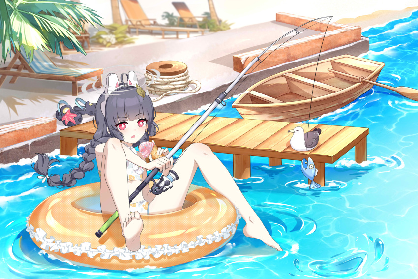 1girl absurdres animal_ear_headphones animal_ears barefoot bikini black_hair blue_archive blurry boat braid bright_pupils cat_ear_headphones chinese_commentary commentary_request day depth_of_field fake_animal_ears fishing fishing_rod food headphones highres holding holding_fishing_rod holding_food holding_ice_cream ice_cream innertube leaf leaf_on_head leaf_print long_hair miyu_(blue_archive) miyu_(swimsuit)_(blue_archive) official_alternate_costume on_innertube outdoors red_eyes sitting solo starfish swimsuit ting_tao_soul twin_braids watercraft white_bikini white_pupils