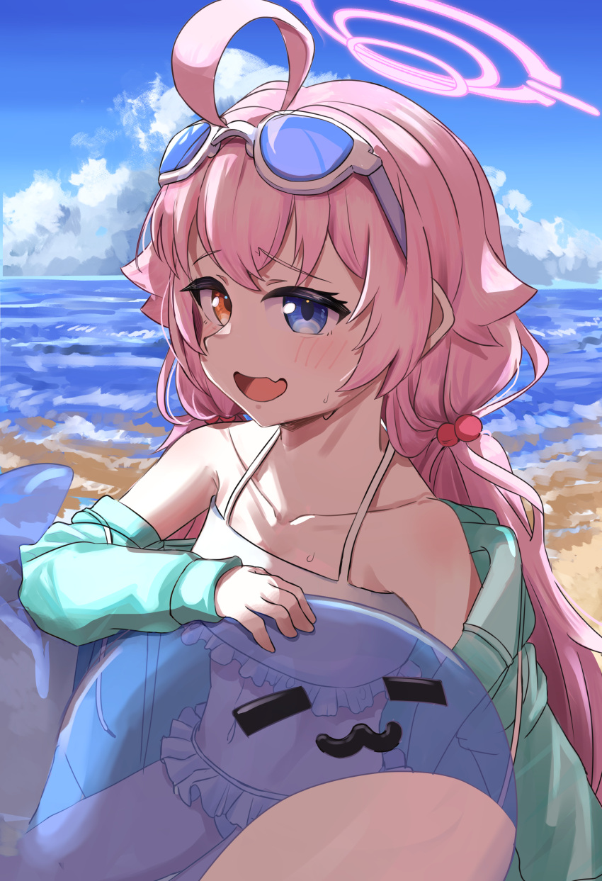 1girl absurdres ahoge asayakesan beach bikini blue_archive blue_eyes blue_sky cloud cloudy_sky commentary_request eyewear_on_head fang frilled_bikini frills green_jacket hair_bobbles hair_ornament halo heterochromia highres hoshino_(blue_archive) hoshino_(swimsuit)_(blue_archive) innertube jacket long_hair looking_to_the_side low_twintails ocean off_shoulder official_alternate_costume open_mouth orange_eyes outdoors pink_hair pink_halo skin_fang sky solo swimsuit twintails white_bikini