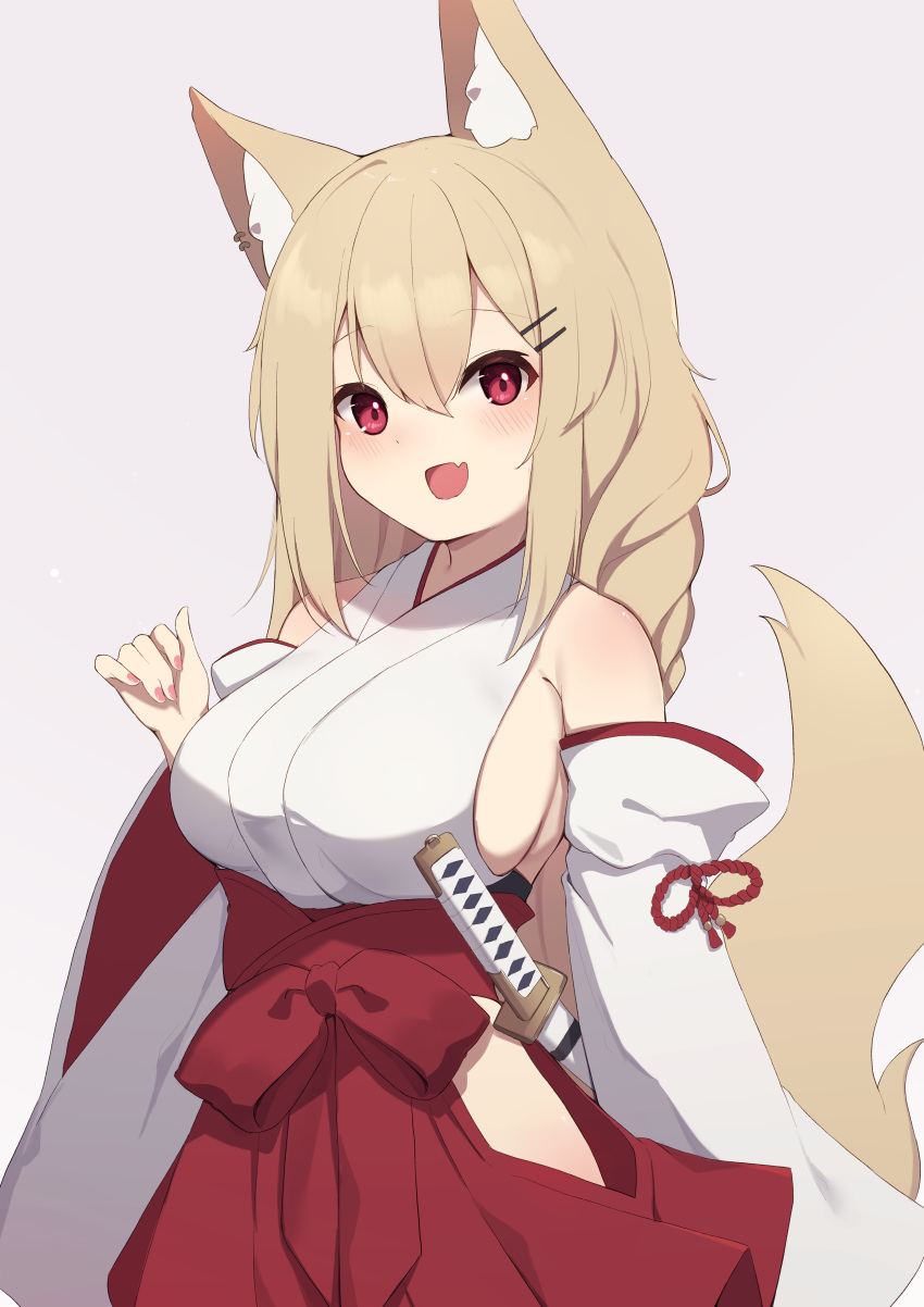 1girl :d absurdres animal_ear_fluff animal_ears blush breasts commentary_request detached_sleeves fang fox_ears fox_girl fox_tail grey_background hair_ornament hairclip hakama highres hinata_(user_rjkt4745) japanese_clothes katana large_breasts looking_at_viewer miko open_mouth original red_hakama skin_fang smile sword tail weapon white_sleeves