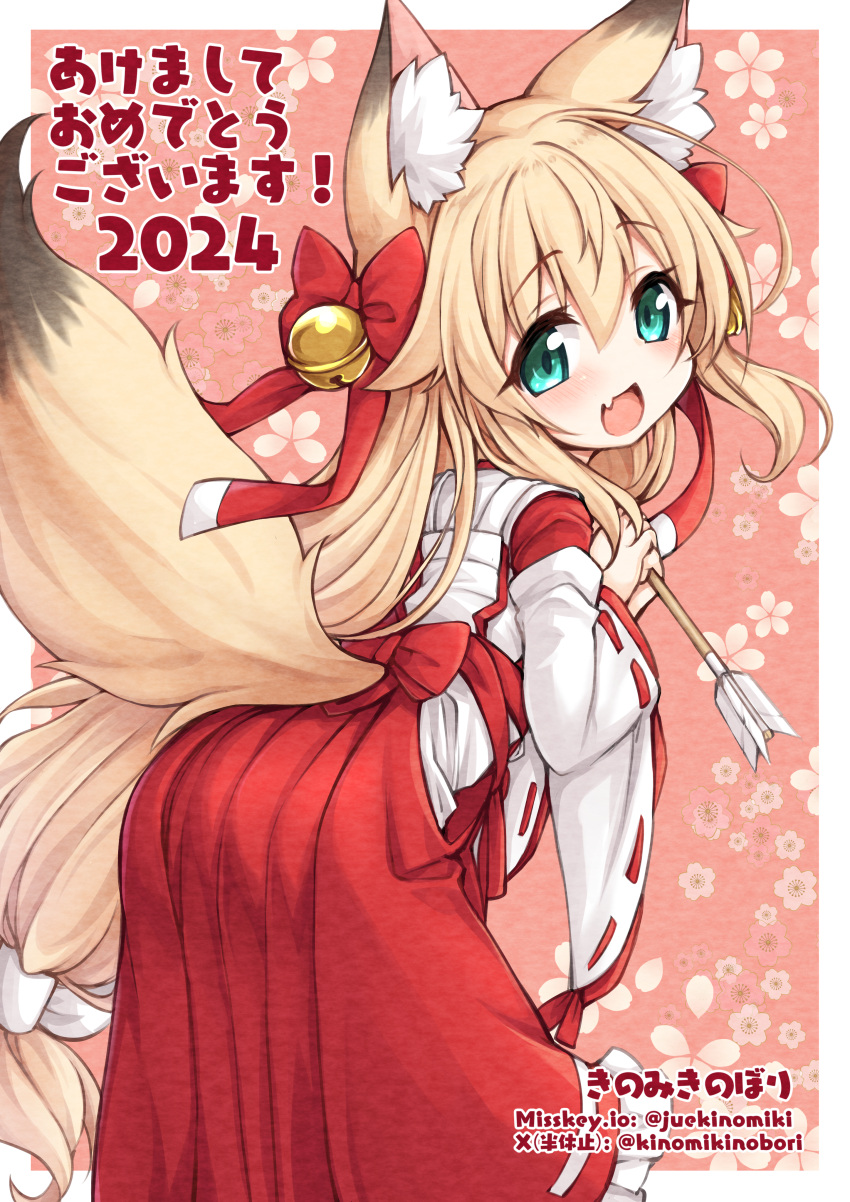 1girl absurdres animal_ear_fluff animal_ears aqua_eyes ass bell blonde_hair bow commentary_request fang fox_ears fox_girl fox_tail hair_bell hair_between_eyes hair_bow hair_ornament highres japanese_clothes jingle_bell kinomiki_nobori long_hair maid open_mouth original red_bow skin_fang solo tail translation_request wa_maid