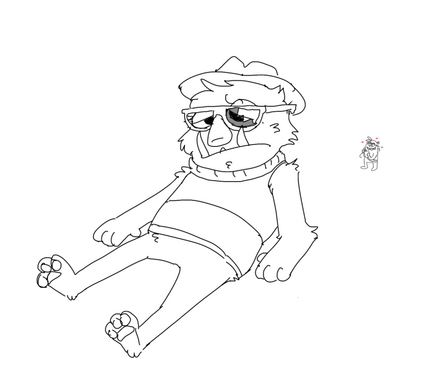 &lt;3 2022 alegander_jamfoot anthro broken_glasses bugsnax clothing digital_media_(artwork) duo eyewear fan_character glasses grumpus hair half-closed_eyes happy hat headgear headwear holding_object looking_at_another lying lying_on_ground male narrowed_eyes nonbinary_(lore) pawpads shaibey shaibey_(shaibey) sharp_teeth simple_background sketch smile standing sweater sweater_vest teeth three-quarter_view topwear tusks vest white_background young_horses