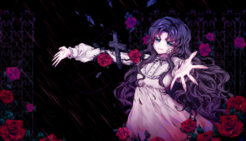 black cross flowers harin_0 lolita_fashion long_hair original purple_hair rose