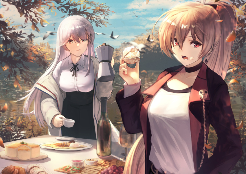 2girls animal anthropomorphism autumn azur_lane bird brown_eyes brown_hair cake drink dunkerque_(azur_lane) food garter_belt itaco1987 jean_bart_(azur_lane) ponytail red_eyes water white_hair