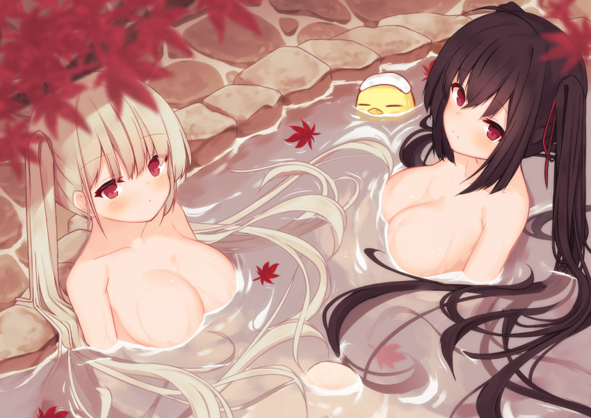 2girls animal autumn azur_lane bath bird black_hair breasts brown_hair formidable_(azur_lane) leaves long_hair manjuu_(azur_lane) mm2k onsen red_eyes taihou_(azur_lane) twintails