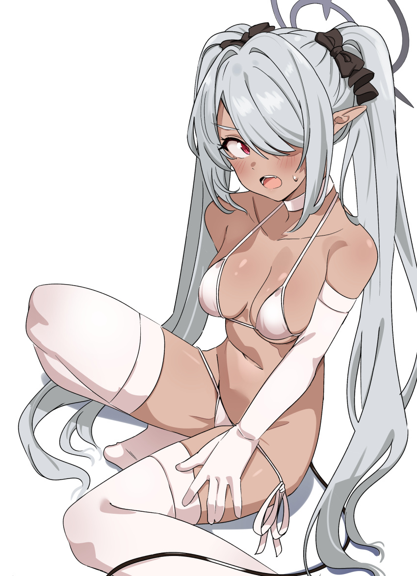 1girl absurdres bare_shoulders bikini blue_archive blush breasts cleavage collarbone dark-skinned_female dark_skin elbow_gloves gloves grey_hair hair_over_one_eye hair_ribbon halo highres iori_(blue_archive) long_hair looking_at_viewer medium_breasts navel open_mouth pointy_ears red_eyes ribbon seihekiog solo swimsuit thighhighs thighs twintails very_long_hair white_bikini white_gloves white_thighhighs