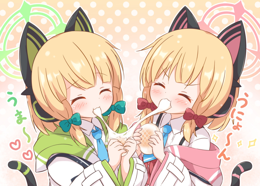 2girls animal_ear_headphones animal_ears araki495 blonde_hair blue_archive blue_bow blue_necktie blush bow brown_background closed_eyes closed_mouth collared_shirt commentary_request eating fake_animal_ears food gradient_background hair_bow halo headphones heart holding holding_food hood hood_down hooded_jacket jacket midori_(blue_archive) mochi momoi_(blue_archive) multiple_girls necktie off_shoulder open_clothes open_jacket polka_dot polka_dot_background red_bow shirt siblings sisters tail translation_request twins upper_body v-shaped_eyebrows white_background white_jacket white_shirt