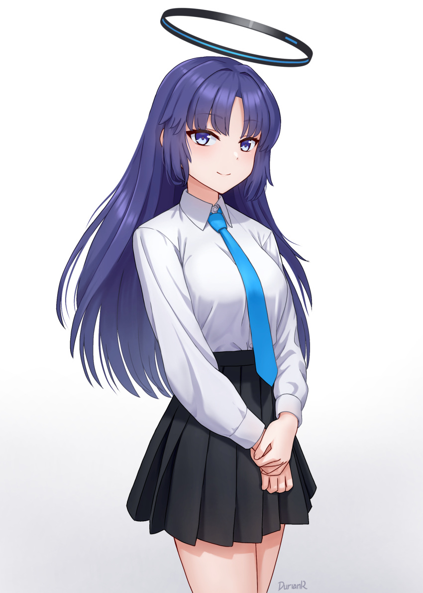 1girl absurdres alternate_costume alternate_hairstyle black_skirt blue_archive blue_necktie collared_shirt commentary durian12 english_commentary hair_down halo high-waist_skirt highres long_hair long_sleeves looking_at_viewer necktie pleated_skirt purple_eyes purple_hair school_uniform shirt sidelocks simple_background skirt smile solo summer_uniform v_arms white_background white_shirt yuuka_(blue_archive)