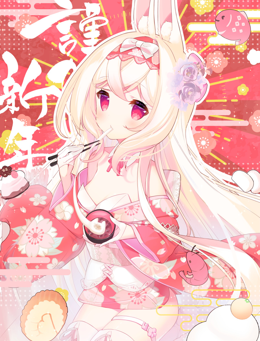 1girl animal_ears bare_shoulders bowl chopsticks commentary_request cynthia_riddle eating egasumi floral_print food hairband highres holding holding_bowl holding_chopsticks japanese_clothes kagami_mochi kimono long_hair long_sleeves looking_at_viewer mochi mochi_trail original p19 print_kimono rabbit_ears red_eyes red_hairband red_kimono thighhighs very_long_hair white_hair white_thighhighs wide_sleeves