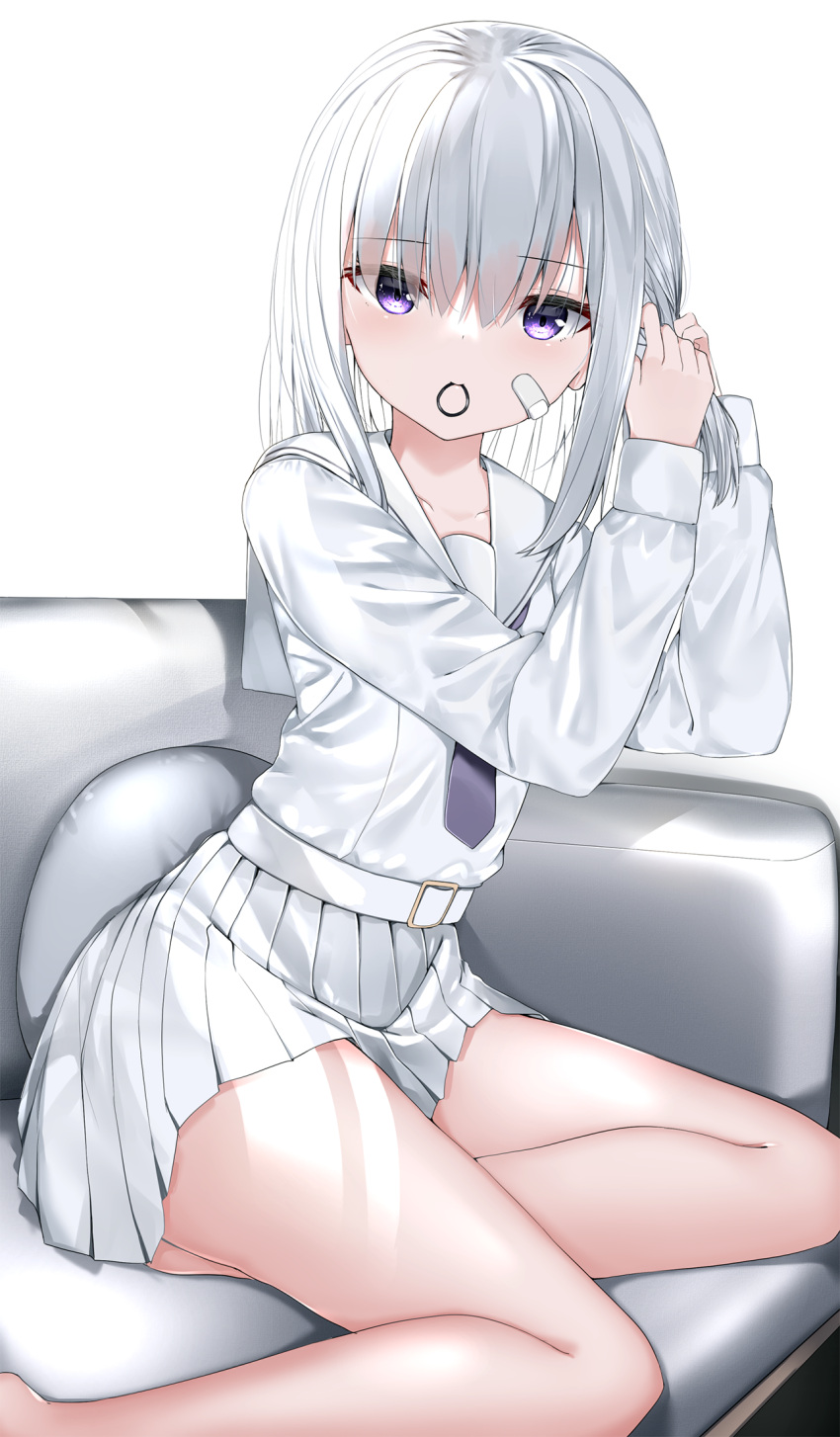 1girl bandaid bandaid_on_cheek bandaid_on_face blush couch grey_hair hair_between_eyes hair_tie hair_tie_in_mouth hands_up highres long_sleeves looking_at_viewer mouth_hold necktie neku_(neku_draw) on_couch original pillow pleated_skirt puffy_long_sleeves puffy_sleeves purple_eyes purple_necktie sailor_collar school_uniform serafuku shirt simple_background sitting skirt solo tying_hair white_background white_sailor_collar white_serafuku white_shirt white_skirt yokozuwari