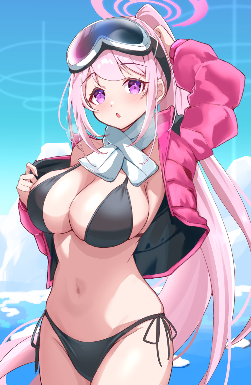 1girl absurdres bikini black_bikini blue_archive blue_sky breasts commentary_request cowboy_shot cropped_jacket eimi_(blue_archive) eimi_(swimsuit)_(blue_archive) eyewear_on_head gpyz7575 halo hand_up high_ponytail highres ice jacket large_breasts long_hair long_sleeves looking_ahead navel ocean official_alternate_costume open_clothes open_jacket open_mouth pink_hair pink_halo pink_jacket ponytail purple_eyes scarf sidelocks ski_goggles sky solo swimsuit white_scarf