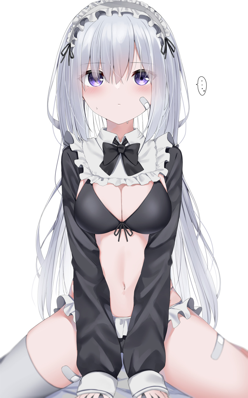 ... 1girl absurdres bandaid bandaid_on_cheek bandaid_on_face bandaid_on_leg bikini black_bow blush bow breasts cleavage frilled_bikini frilled_hairband frills grey_hair grey_hairband grey_thighhighs hair_between_eyes hairband highres long_hair long_sleeves medium_breasts navel neku_(neku_draw) original puffy_long_sleeves puffy_sleeves purple_eyes simple_background single_thighhigh sleeves_past_wrists solo spoken_ellipsis straddling sweat swimsuit thighhighs very_long_hair white_background