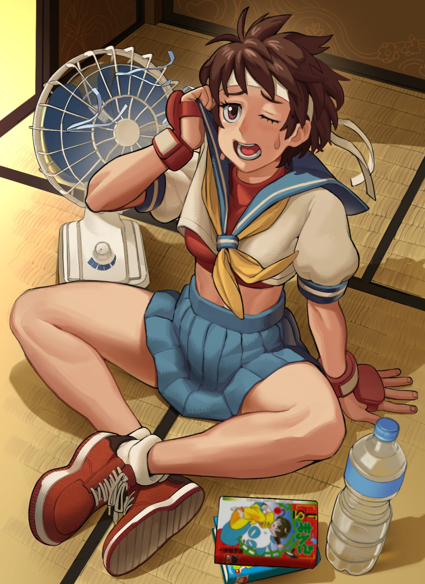 1girl absurdres bottle brown_eyes brown_hair commentary full_body highres indian_style kasugano_sakura matheu_gafanhot one_eye_closed open_mouth shoes sitting sneakers solo street_fighter street_fighter_zero_(series) sweat water_bottle